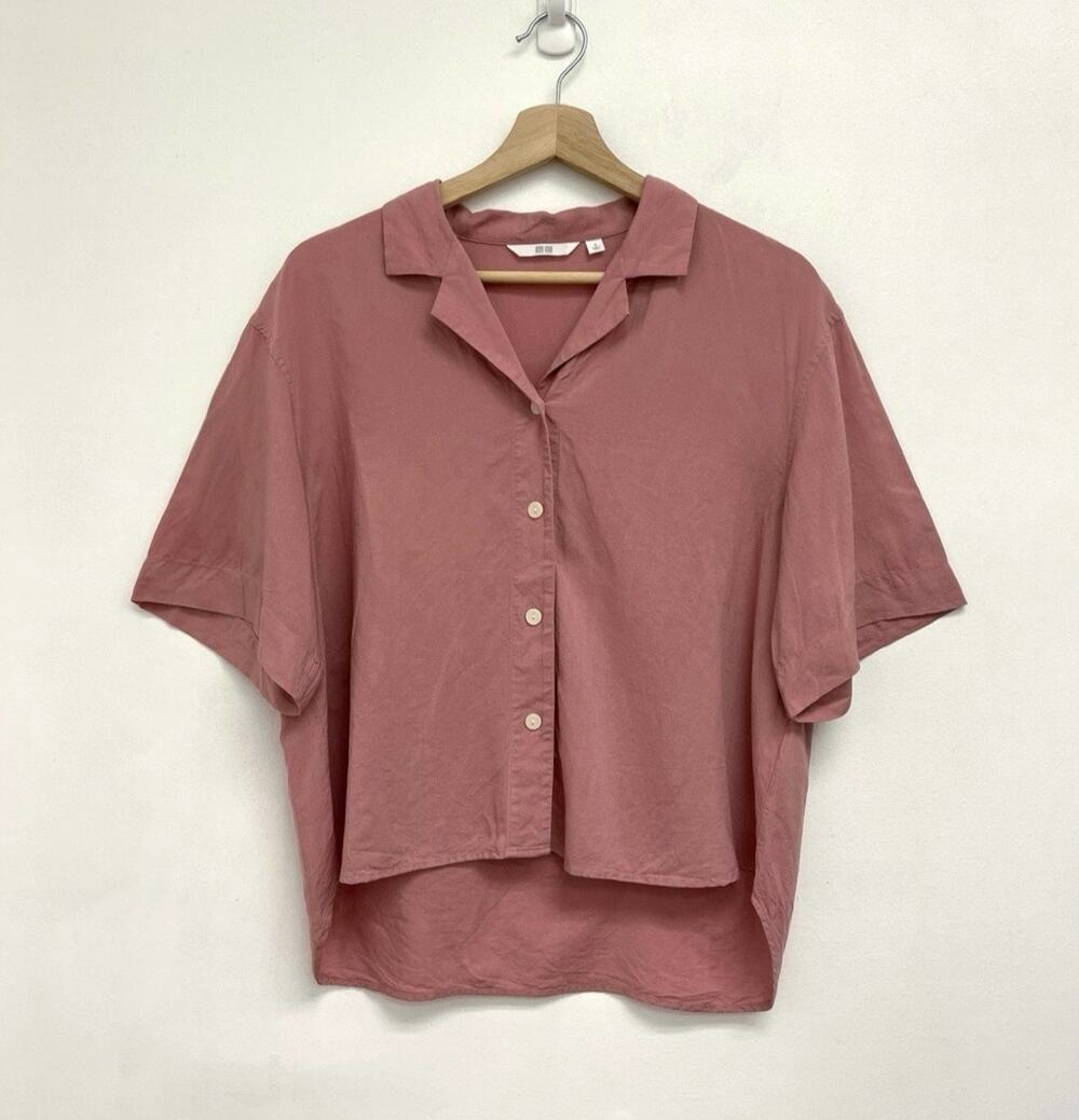 Uniqlo Linen-Blend Open Collar Short-Sleeve Boxy Relaxed Button Down Shirt Small